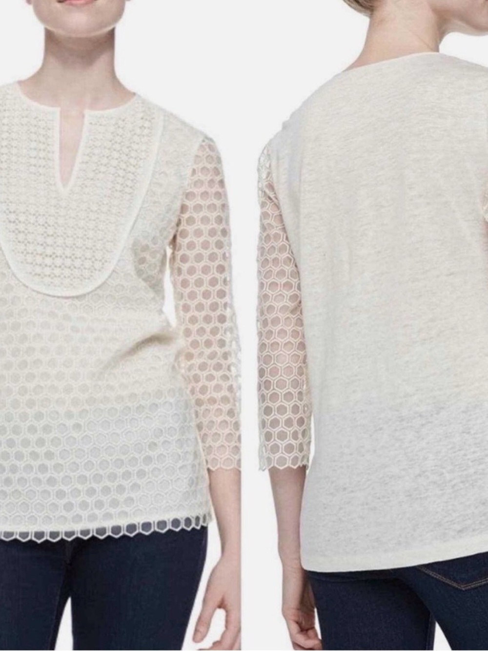 Tory Burch cream Tali honeycomb lace long sleeve top